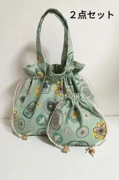 お取り置きです。北欧風カモメと花　巾着トートバッグと巾着ポーチ　ハンドメイド