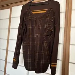 ブラウン チェック柄 ボタン付き 長袖ニット