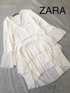 ZARA　プリーツペプラムブラウス　チュニック　ホワイト　白　トップス　S　ザラ