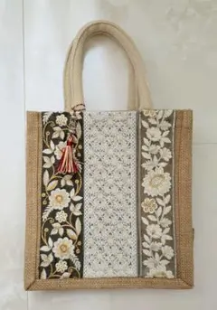 インド刺繍リボンのジュートバック1