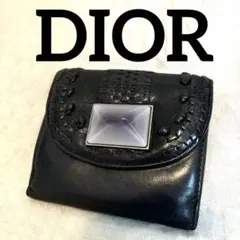 正規品✴︎ディオールDIOR トロッター　編み込　スタッズ黒　レザー　二つ折り財布