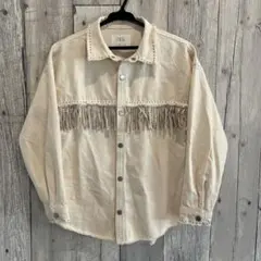 ZARA 134 アイボリー フリンジデニムシャツジャケット
