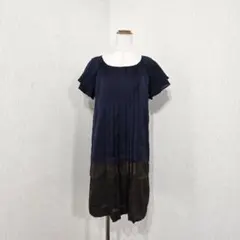 Sunauna 半袖ワンピース ネイビー ブラウン ツートン フレア袖 SCのサムネイル