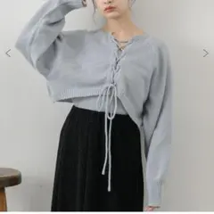 レトロガール　レースアップニットカーディガンセット　ライトブルー　水色　長袖