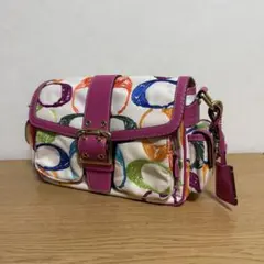 【美品】COACH シグネチャー柄 ハンドバッグ カラフル ピンク レザー