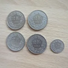 スイス フラン 硬貨 5枚セット 2Fr 1/2Fr　8.5フラン　古銭のサムネイル