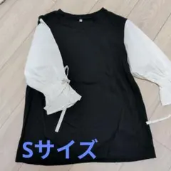 ドッキング ブラウス カットソー リボン付き 五分袖 Sサイズ