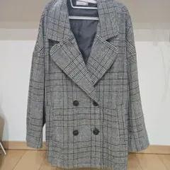 チェック柄 ダブルトコート　グレー