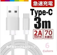 タイプC Android iPhone15 充電器 充電 ケーブル 3mシルバー