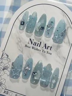 ネイルチップ　現品　水色　リボン