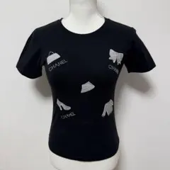 希少 CHANEL シャネル モチーフ刺繍＆ラインストーン Tシャツ ブラックのサムネイル