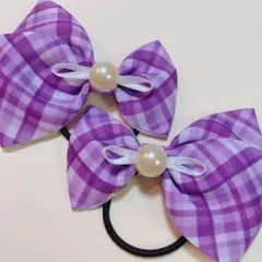 キュン　紫チェックリボン　Lサイズ　ヘアゴム　キュア
