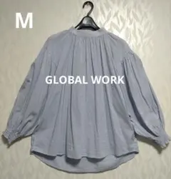 GLOBAL WORK ストライプ柄オフネックギャザーバルーンスリーブブラウスのサムネイル