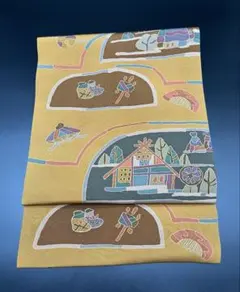 高級　正絹　洒落帯　名古屋帯　縮緬　染帯　幾何学模様　横段　423