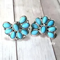 ✨ ターコイズ 花 ピアス インディアン ヴィンテージ 青 大きめ