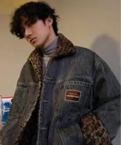 リバーシブルレオパード柄フェイクボア&デニムジャケット