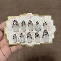 【現品購入可能】ネイルチップ リボン ヒョウ柄 ハンドメイド ギャル アーモンド