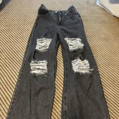 ダメージ加工 ダークグレー ワイドレッグデニム