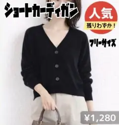ブラック Vネック カーディガン 長袖 ショート丈 フリーサイズ 韓国風