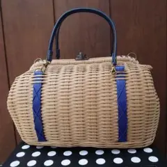 A449 青ラインがま口(大、ショルダー紐付)バッグ ハンドメイド