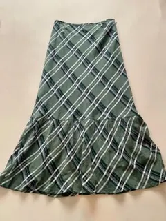 グリーン チェック柄 マーメイドライン　夏物裾フレアロングスカート