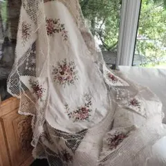 手編みフィレレース レースカーテン リボン刺繍 大判 生成りVintage
