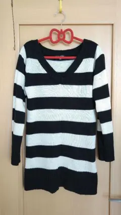 【045】ボーダーニット☆ レディース ロング セーター トップス 白黒 秋冬