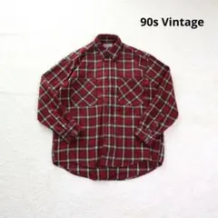 90s Vintageチェックシャツ オンブレチェック 長袖 赤 古着 M