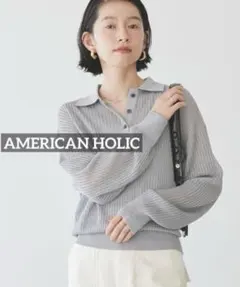 k0117 AMERICAN HOLIC メタルライク襟付きニットポロ