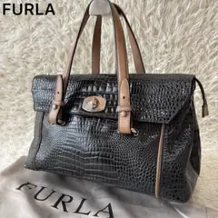 良品✨フルラ クロコ型押し レザー ハンドバッグ ターンロック ヴィンテージ 黒