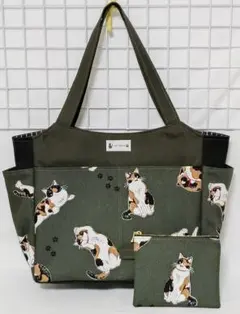 猫柄・三毛猫Time・カーキ色のサイドポケット付きトートバッグ＆ポーチ