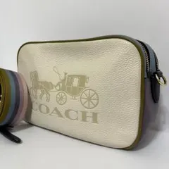 美品✨コーチ　カメラバッグ　ダブルファスナー　型押し　レザー　マルチカラー　白色