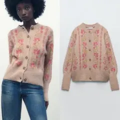 新品 ZARA フラワージャカードニットカーディガン Lサイズ