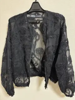 ZARA シアーフローラル刺繍ジップアップカーディガン ブラックのサムネイル