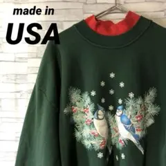 アメリカ古着　made in USA 鳥プリント スウェットトレーナーグリーンM