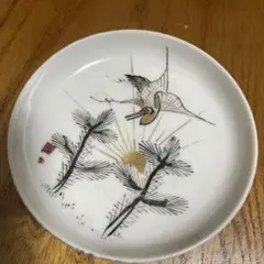 鶴 松 旭日 豆皿 縁起物 レトロ 和食器　染め付け　明治大正