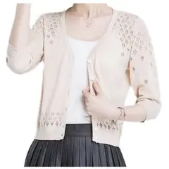 レディース カーディガン Lサイズ ベージュ レース 薄手 長袖 ショート丈