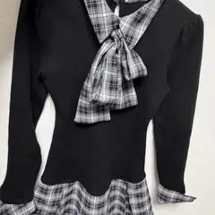 INGNI チェック柄ボウタイシャツドッキングニットワンピースブラック×ブラック
