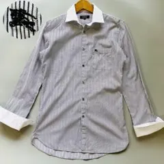 バーバリーブラックレーベル 長袖シャツ ストライプ 白黒 ロゴ刺繍 Mサイズ