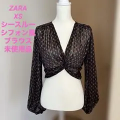 未使用品ZARAシースルーシフォン風長袖ブラウス黒とピンク花柄XS最終値下げです