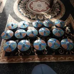 青色とオレンジの花柄 湯飲み 15個セット