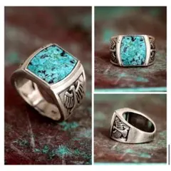 ターコイズ シルバーリング イーグル彫刻 ヴィンテージ メンズ 指輪 RING