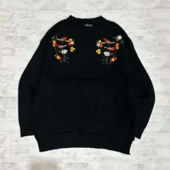 レトロ刺繍 ブラックニット 鳥モチーフ 花柄 クルーネック ヴィンテージ風 古着