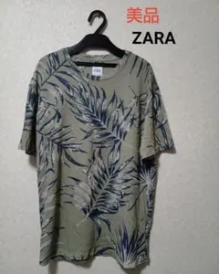 美品 ZARA 半袖Tシャツ リーフ柄 S ボタニカル柄 カーキ 総柄 ザラのサムネイル
