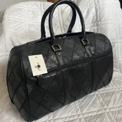オーストリッチ 本革 ボストンバッグ ハンドバッグ 黒 クイルマーク 大 