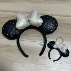 ディズニー ミニー キルティング カチューシャ キーホルダー 黒 2点セット