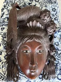 アンティーク　バリ島　土産　お面　壁掛　女性像　女神　木像　インドネシアアジアン