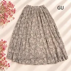 【ジーユー】美品✨ワッシャーフレアロングスカート 花柄 ベージュ S 裏地付き
