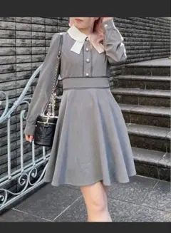 リボン衿ワンピース グレー