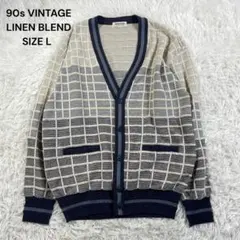 90s ヴィンテージ 日本製 総柄 ニット カーディガン L レトロ 麻 混のサムネイル